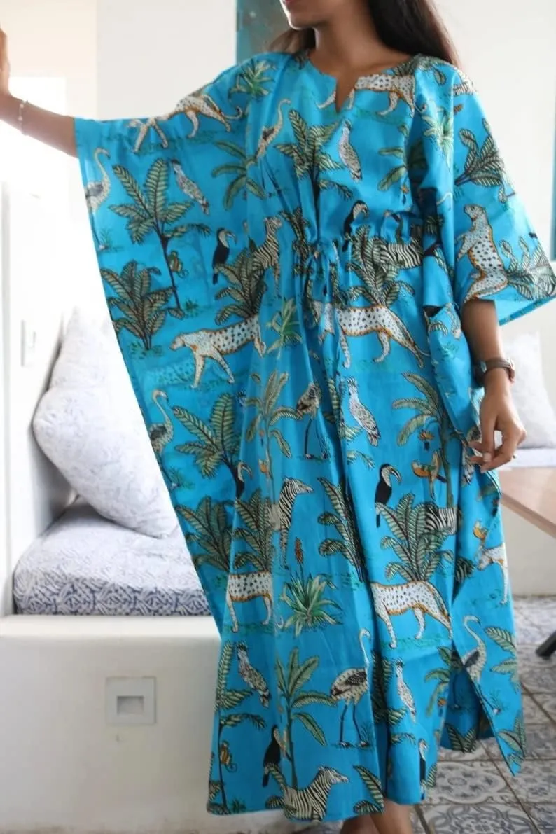 INDACORIFY 100% Cotton Kaftan Dress, Floral Printed Women Dressmaking, Handmade Indian Long Kaftan Suit, Beautiful Beach
