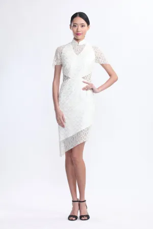 IVORY LACE SHORT SLEEVES QIPAO WITH SEE-THROUGH WAIST