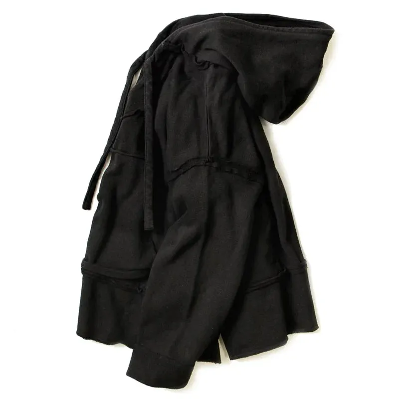 Japanese Style Warm Plush Cotton Cut Hooded Pullover - Black