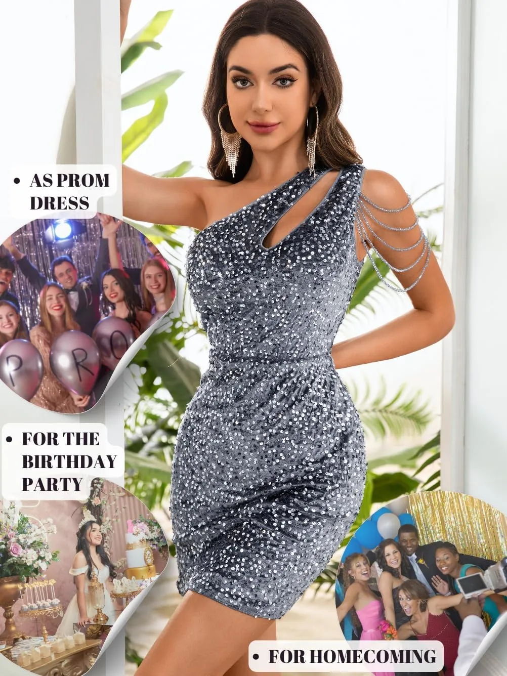 Kaei&Shi Sequin Velvet Prom Dress,Cut Out One Shoulder Short Formal Dresses,Sparkly Outfits Women HOCO Birthday Cocktail