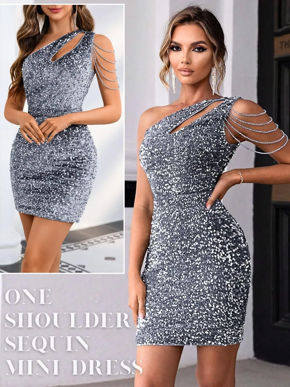 Kaei&Shi Sequin Velvet Prom Dress,Cut Out One Shoulder Short Formal Dresses,Sparkly Outfits Women HOCO Birthday Cocktail