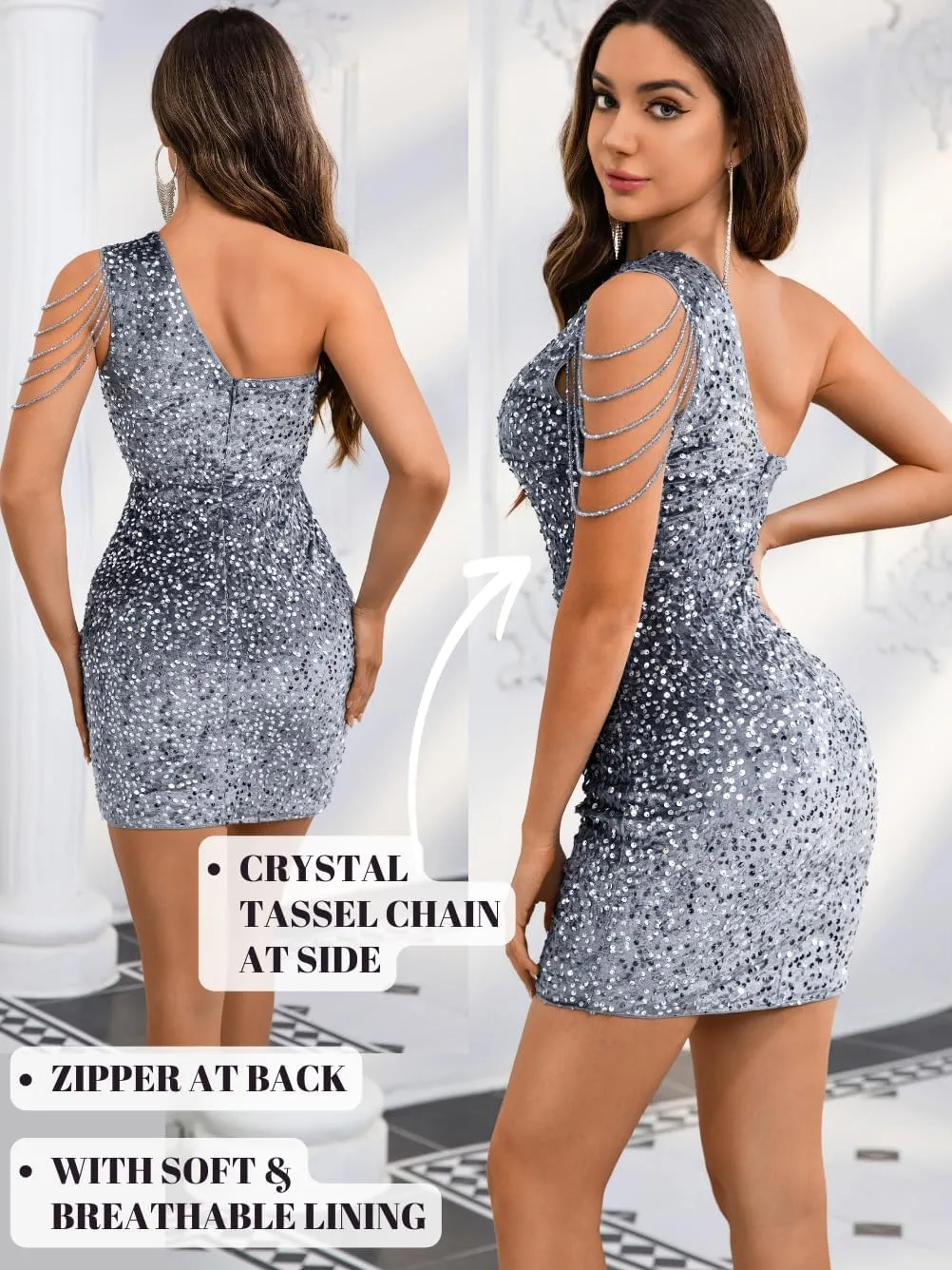 Kaei&Shi Sequin Velvet Prom Dress,Cut Out One Shoulder Short Formal Dresses,Sparkly Outfits Women HOCO Birthday Cocktail