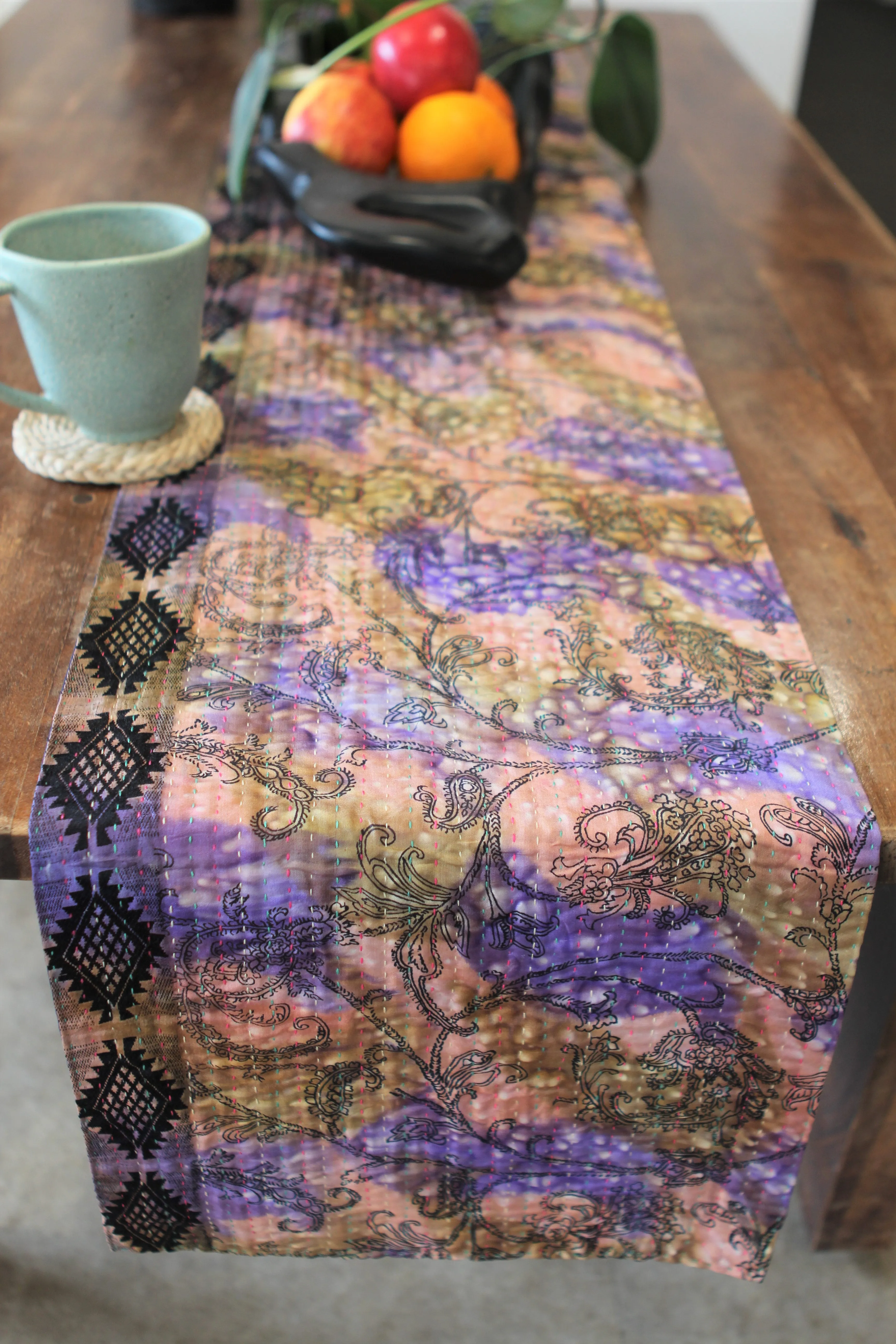 Kantha Table Runner - Navy & Purple / Pink / Olive