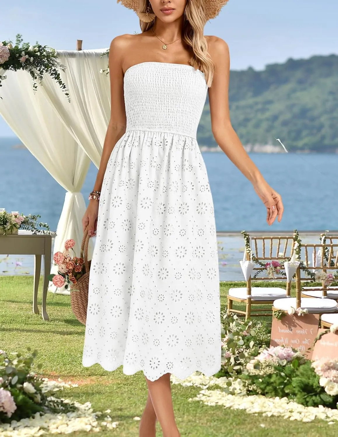 Kate Kasin Women's Summer Strapless Dress Off Shoulder Smocked Casual A Line Eyelet Beach Wedding Guest Midi Dress