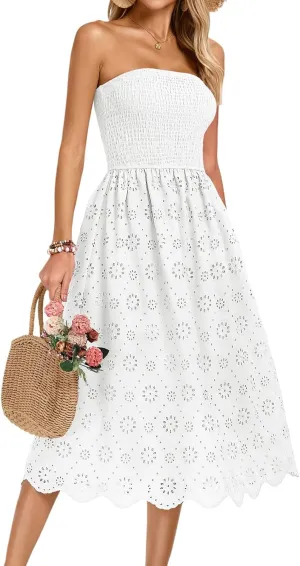 Kate Kasin Women's Summer Strapless Dress Off Shoulder Smocked Casual A Line Eyelet Beach Wedding Guest Midi Dress