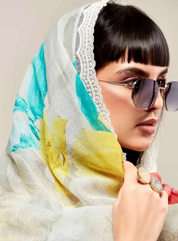 Kimora Pure Cotton Linen Unstitched Suit Dress Material with Embroidery