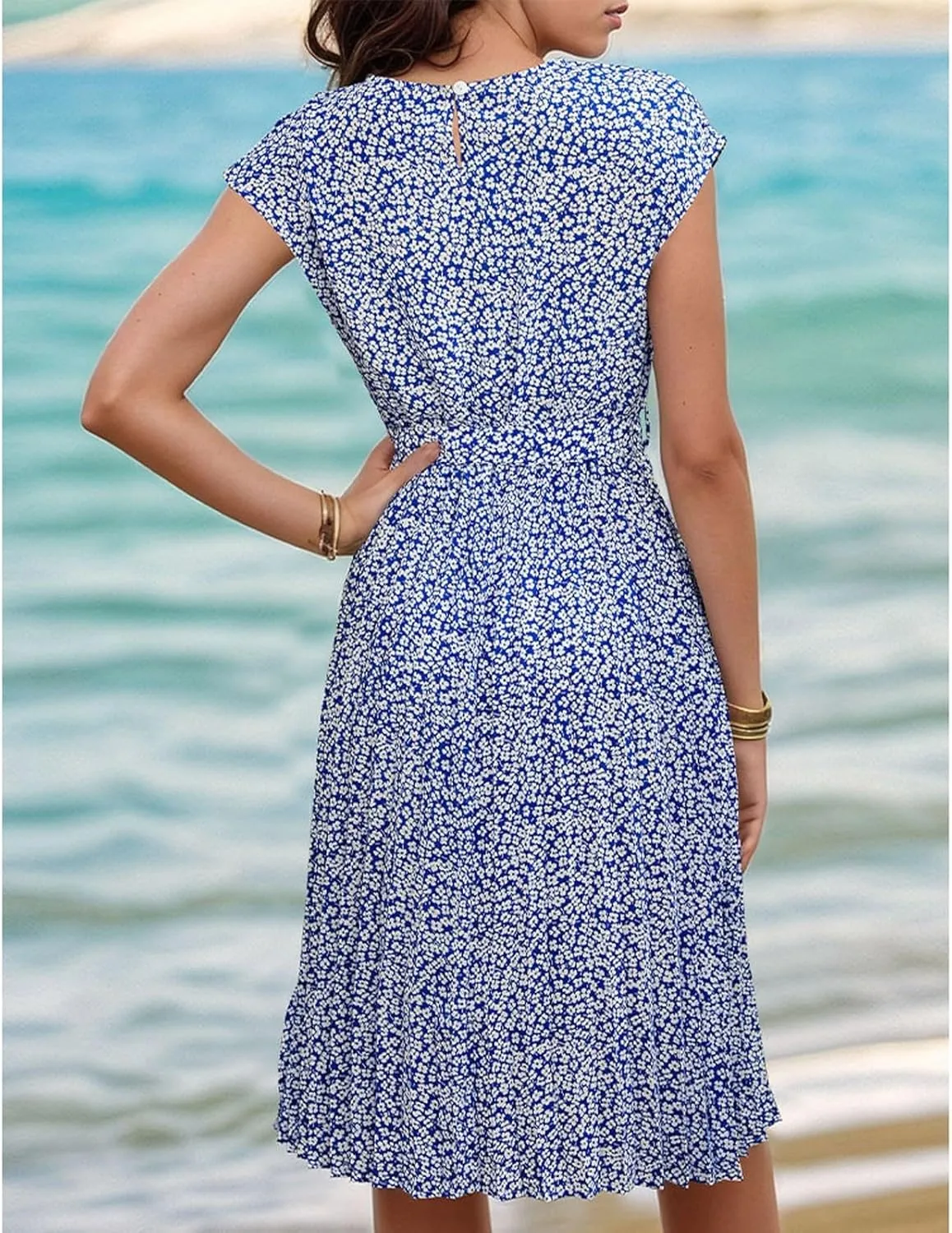 Knee Length Dress for Women Summer Bohemian a Line Flowy Mini Dress Tie Front Empire Waist Modest Pleated Dresses