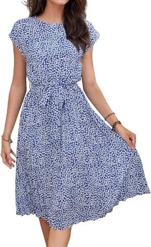 Knee Length Dress for Women Summer Bohemian a Line Flowy Mini Dress Tie Front Empire Waist Modest Pleated Dresses