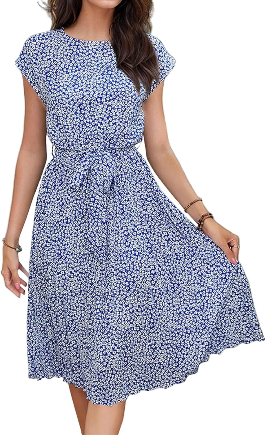 Knee Length Dress for Women Summer Bohemian a Line Flowy Mini Dress Tie Front Empire Waist Modest Pleated Dresses