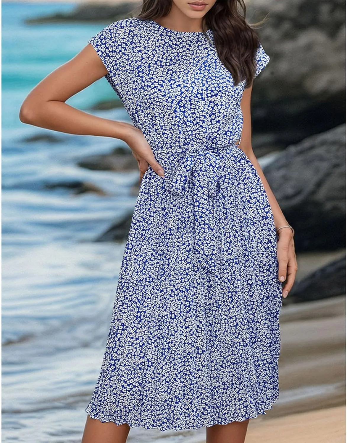 Knee Length Dress for Women Summer Bohemian a Line Flowy Mini Dress Tie Front Empire Waist Modest Pleated Dresses