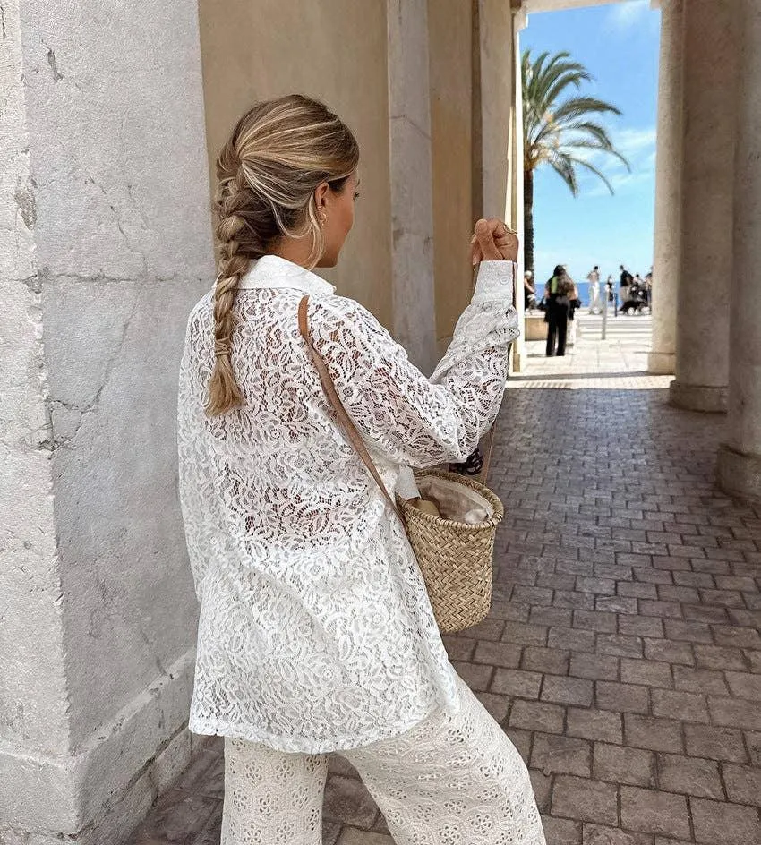 Ladies Lace See Through Ladies Botton Down Shirt CY1358