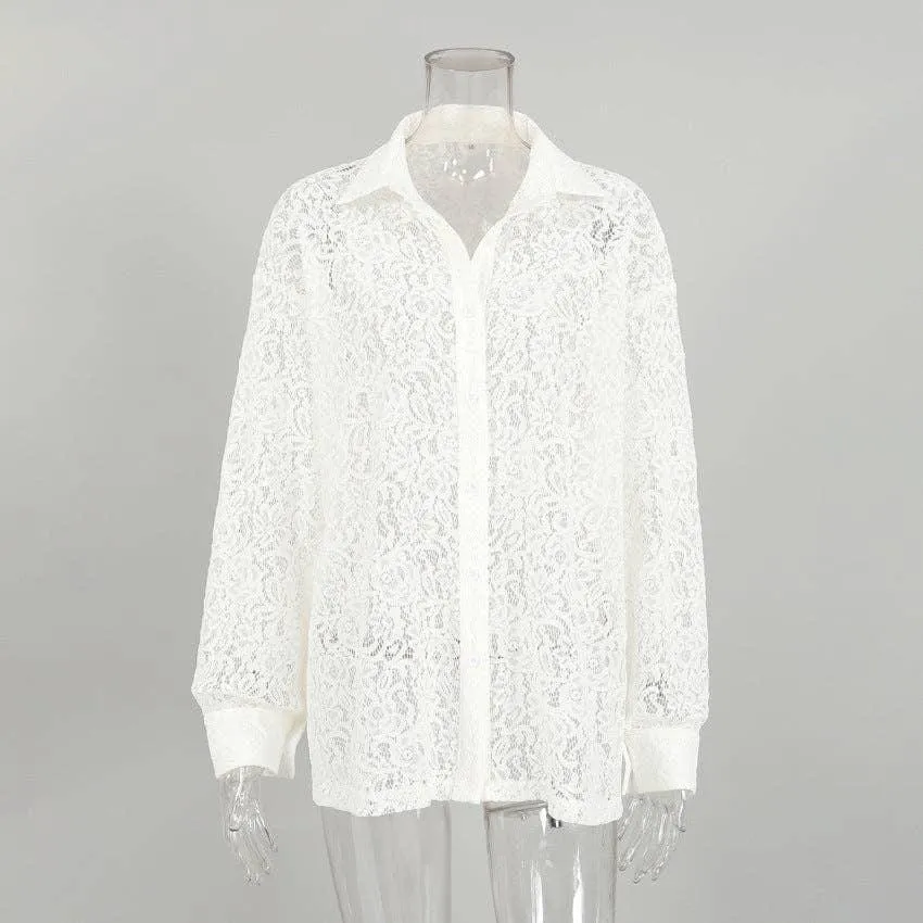 Ladies Lace See Through Ladies Botton Down Shirt CY1358