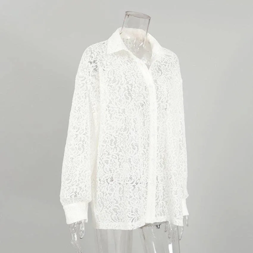 Ladies Lace See Through Ladies Botton Down Shirt CY1358