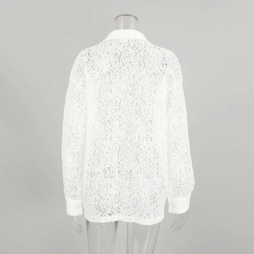 Ladies Lace See Through Ladies Botton Down Shirt CY1358