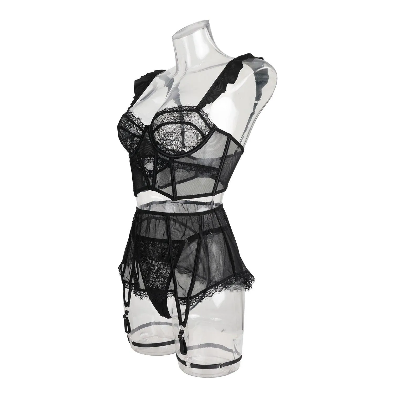 Ladies See Through Floral Lace 3PCS Lingerie Set SKLG4026