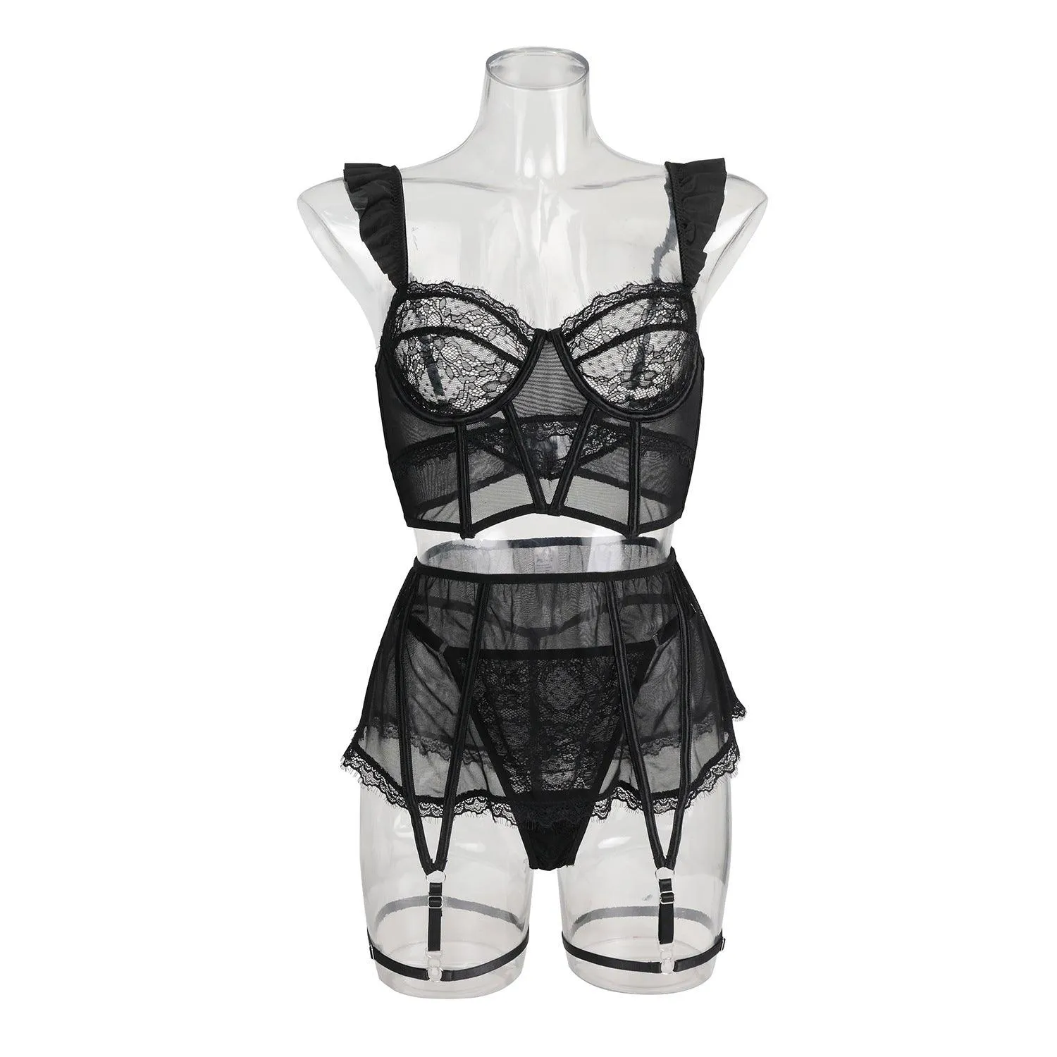 Ladies See Through Floral Lace 3PCS Lingerie Set SKLG4026