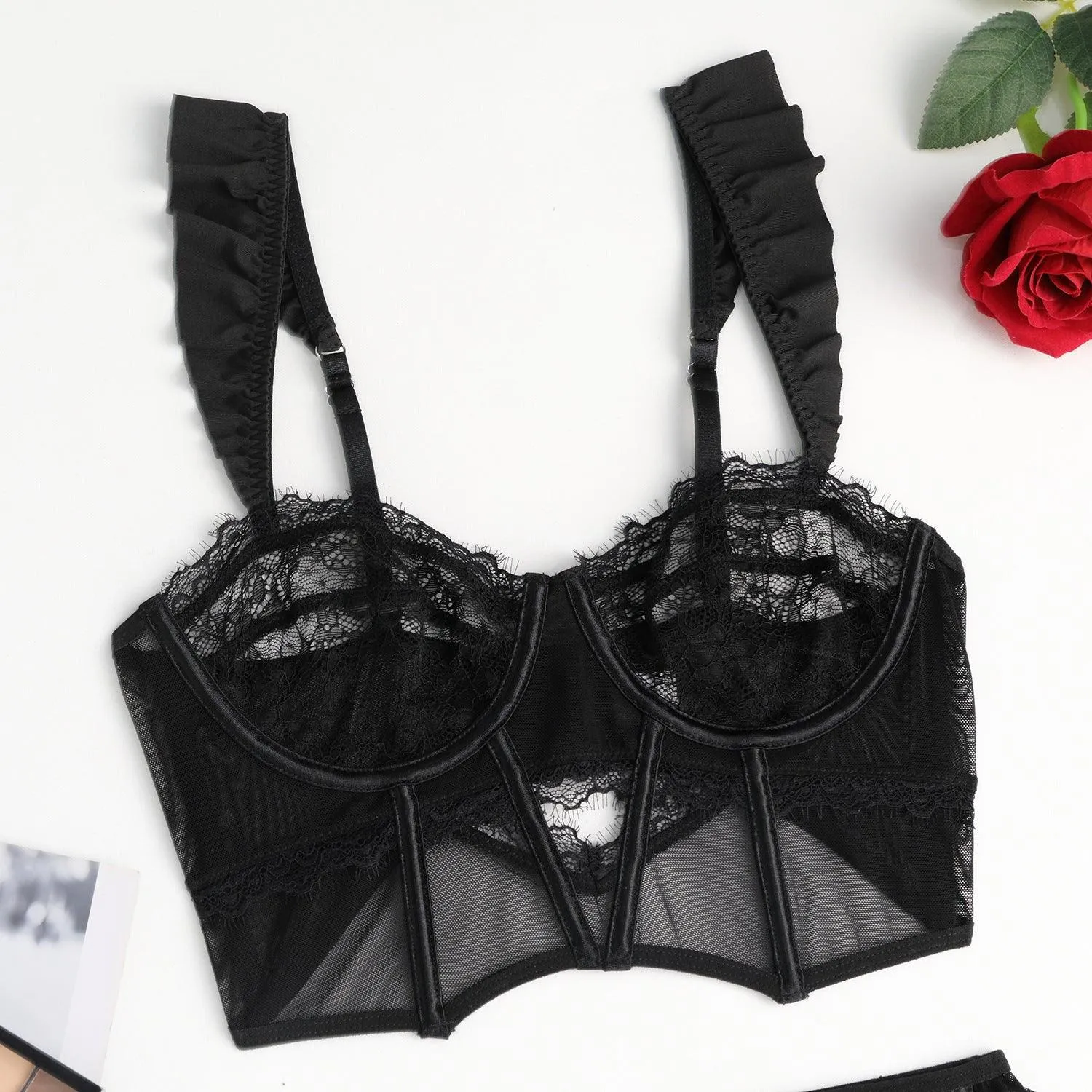 Ladies See Through Floral Lace 3PCS Lingerie Set SKLG4026