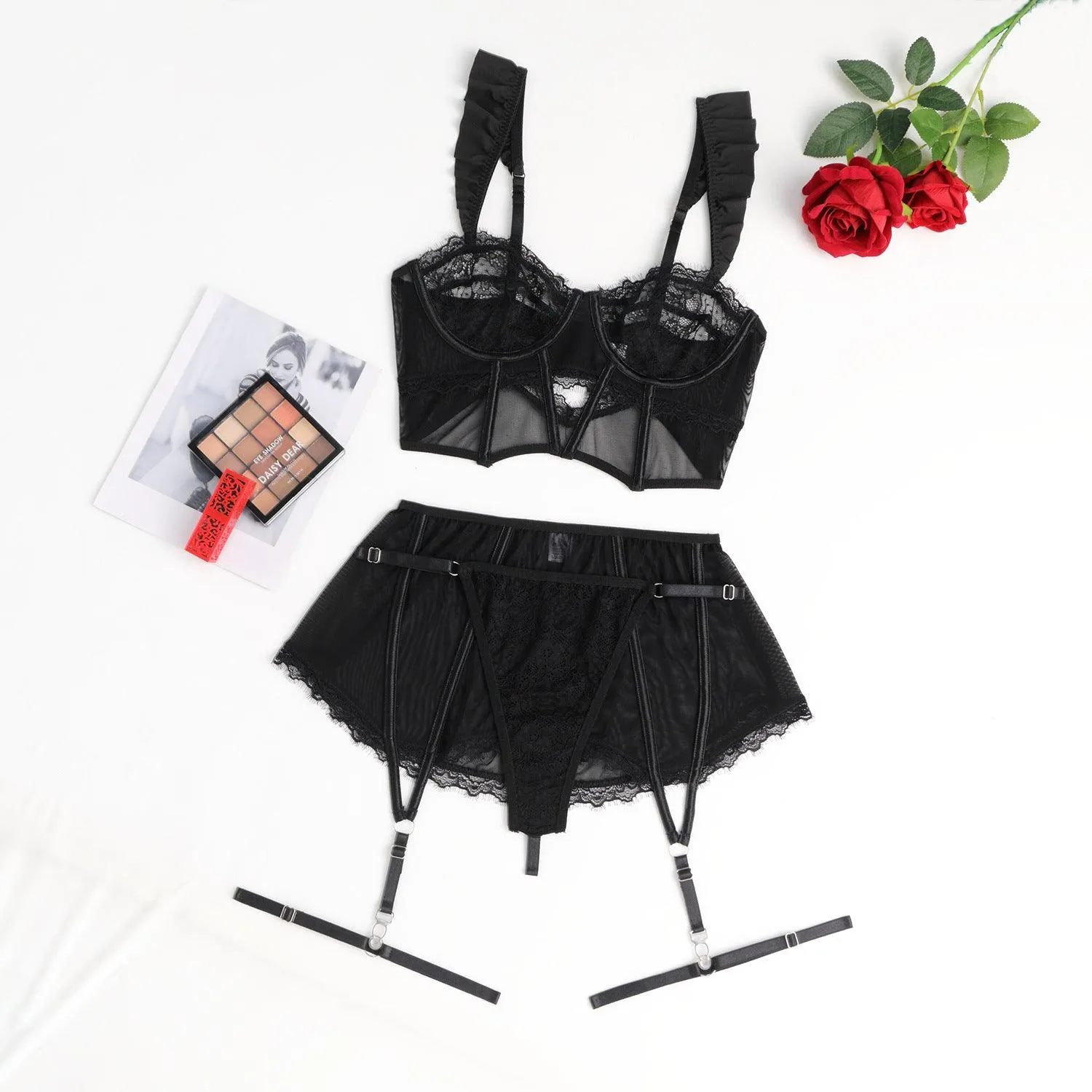 Ladies See Through Floral Lace 3PCS Lingerie Set SKLG4026