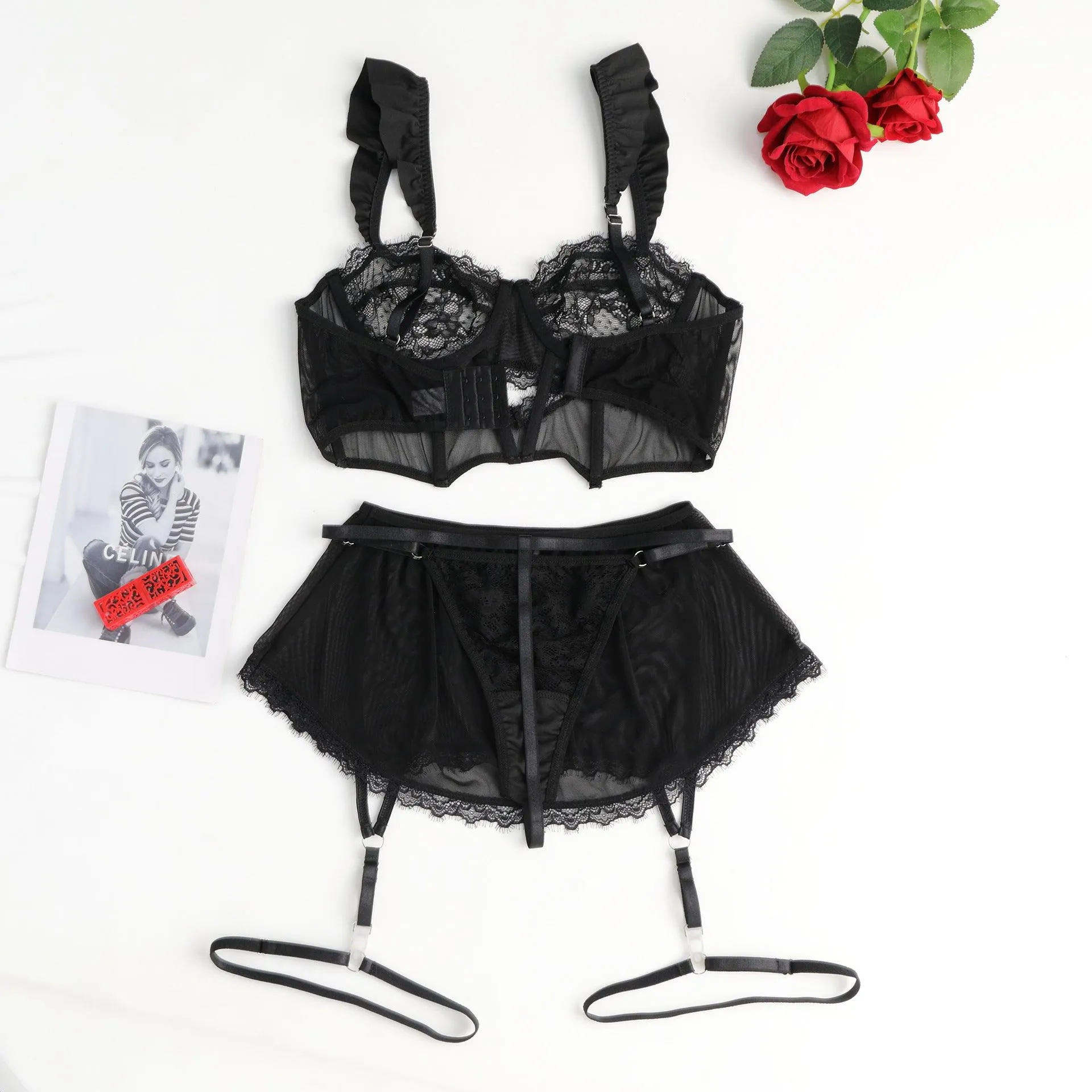 Ladies See Through Floral Lace 3PCS Lingerie Set SKLG4026