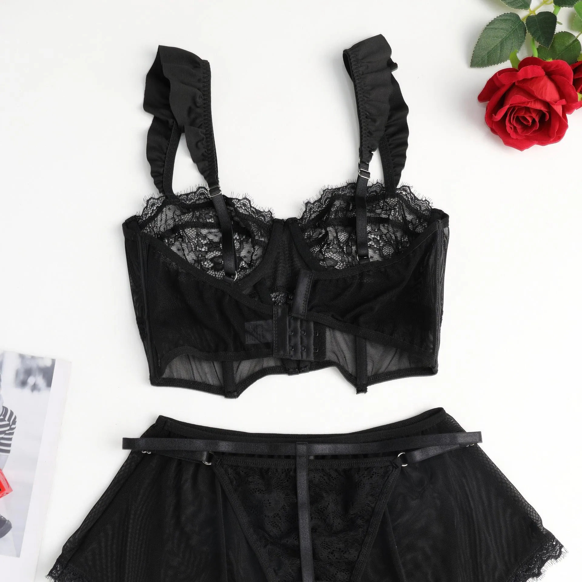 Ladies See Through Floral Lace 3PCS Lingerie Set SKLG4026