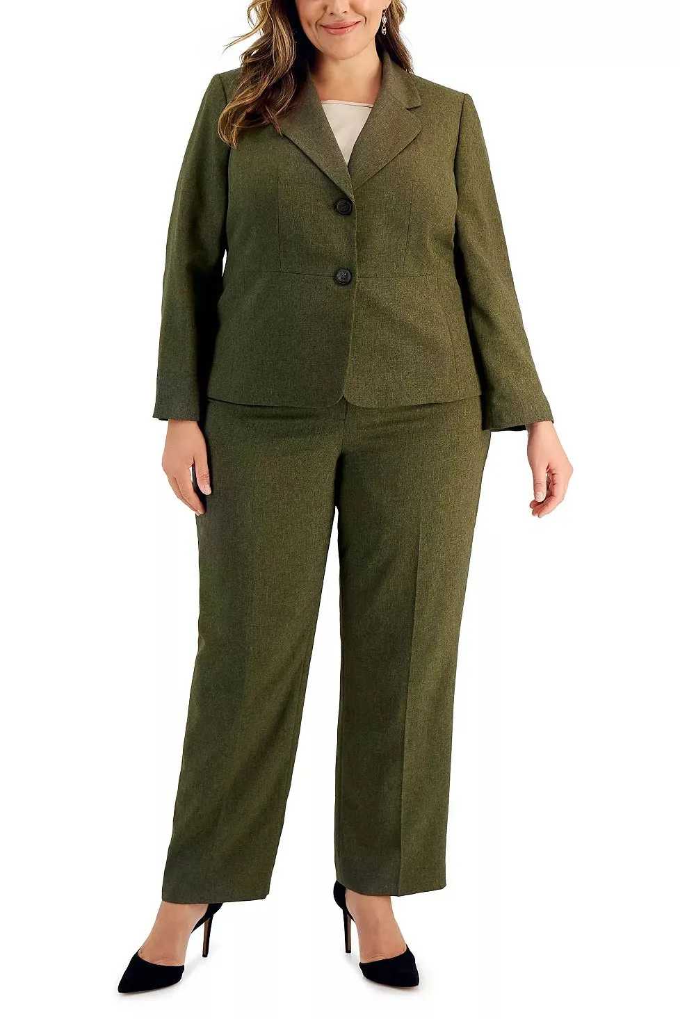 Le Suit Notched Collar Long Sleeve Two Button Closure Shoulder Pads with Mid Waist Straight Fit Zipper Hook & Bar Closure Pant 2 Piece Set