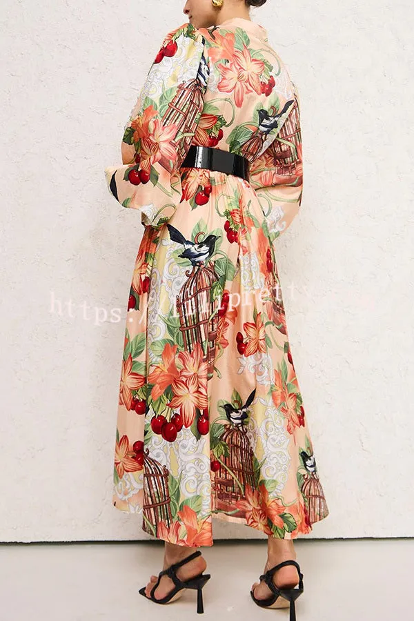 Life¡¯s Romantic Moments Court Floral Print Balloon Sleeve Shirt Midi Dress