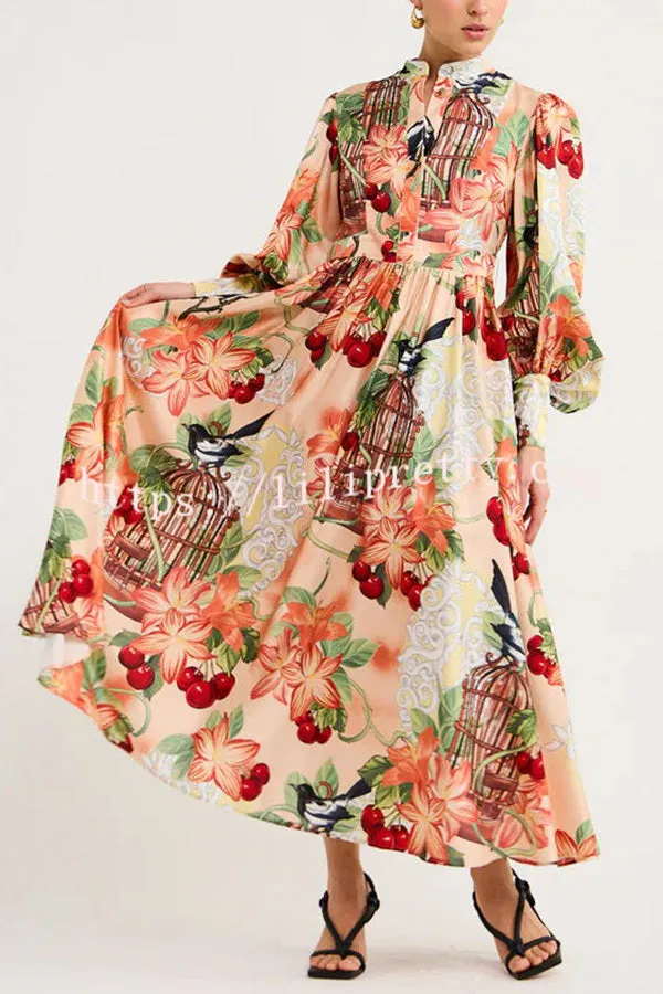 Life¡¯s Romantic Moments Court Floral Print Balloon Sleeve Shirt Midi Dress