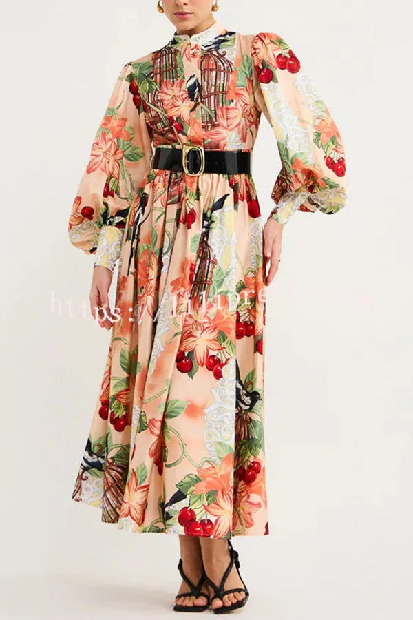 Life¡¯s Romantic Moments Court Floral Print Balloon Sleeve Shirt Midi Dress