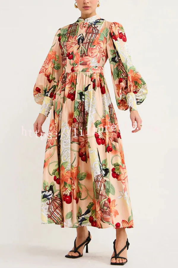 Life¡¯s Romantic Moments Court Floral Print Balloon Sleeve Shirt Midi Dress