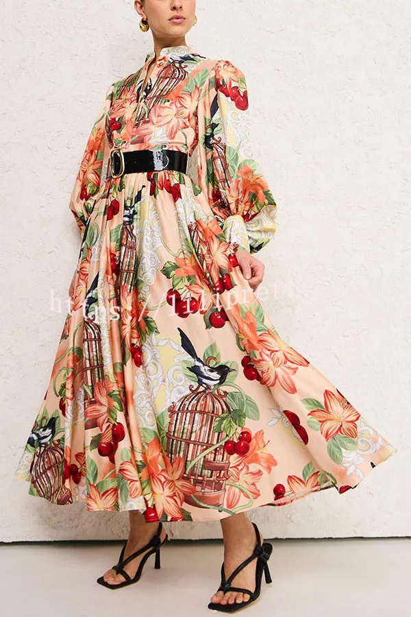 Life¡¯s Romantic Moments Court Floral Print Balloon Sleeve Shirt Midi Dress