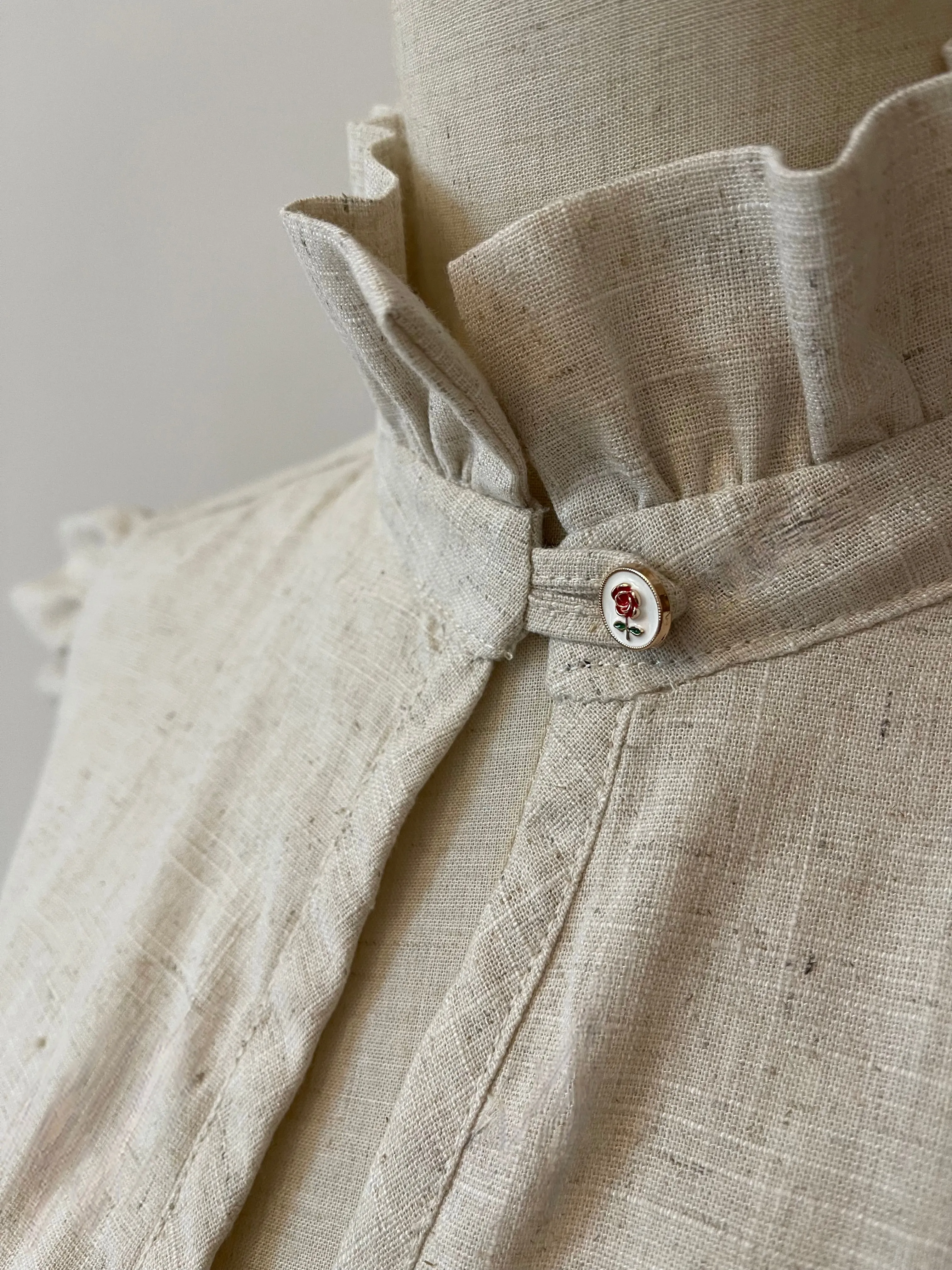 Linen Dress, Light Beige, Cotton Lining, Ruffle Collar, Slits, Loose Fit, Ruffle Sleeves