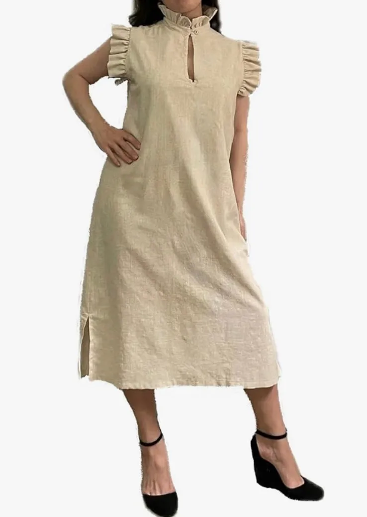 Linen Dress, Light Beige, Cotton Lining, Ruffle Collar, Slits, Loose Fit, Ruffle Sleeves