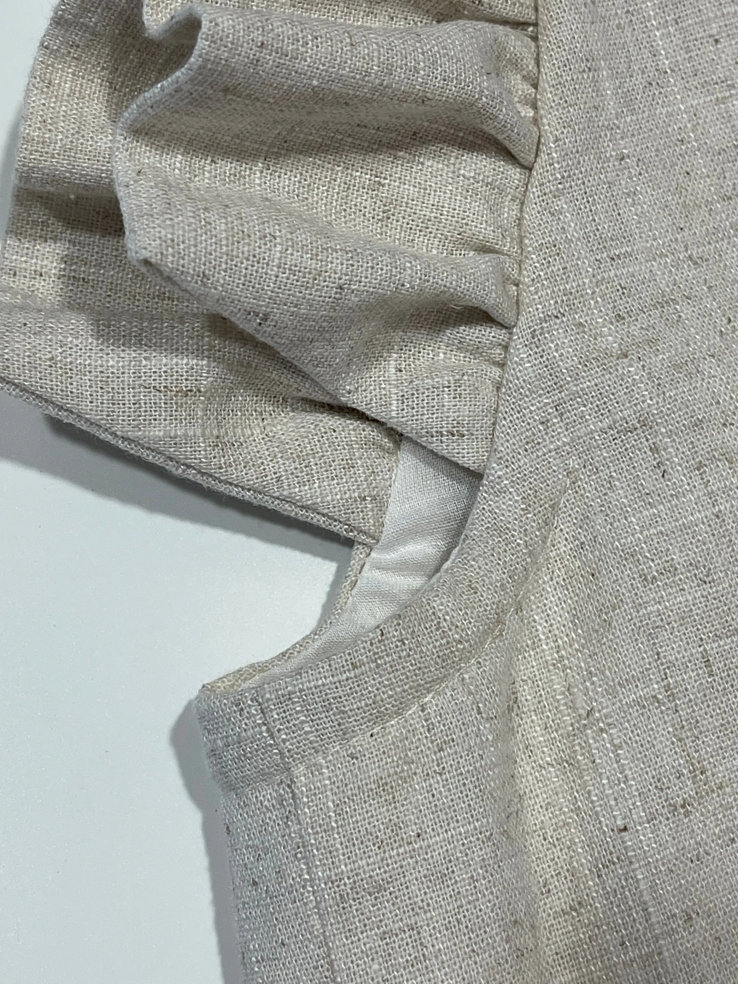 Linen Dress, Light Beige, Cotton Lining, Ruffle Collar, Slits, Loose Fit, Ruffle Sleeves