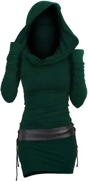 Long Sleeve Bodycon Dress for Women Steampunk Hoodie Sweatshirt Dresses Vintage Gothic Party Hooded Wrap Mini Dress