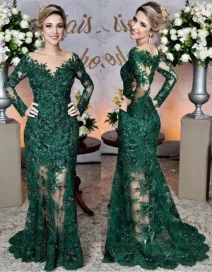 Long Sleeves Lace Mermaid Prom Dresses See Through Evening Gowns    S2110