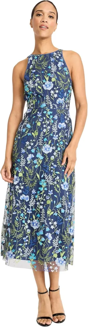 Maggy London Women's Garden Embroidered Mesh Halter Midi Dress-Perfect for Wedding Guest & Special Occasions