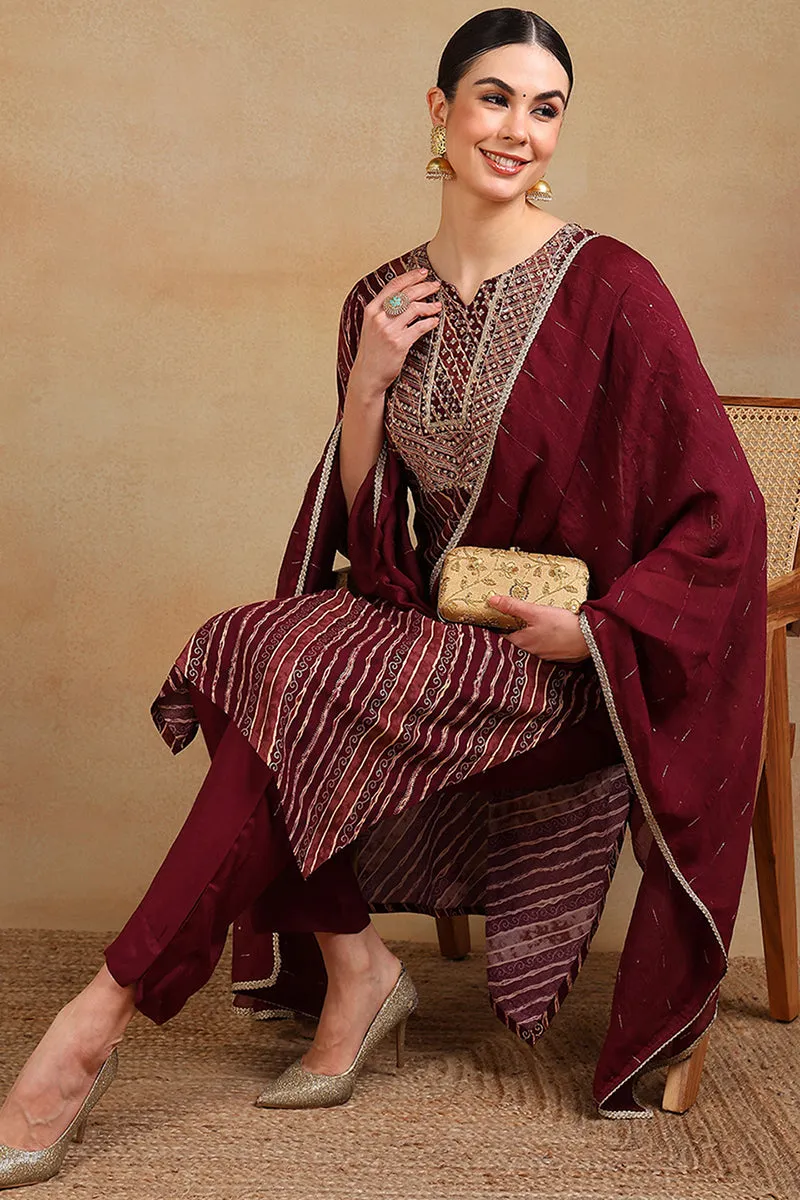 Maroon Rayon Leheriya Printed Embroidered Straight Suit Set