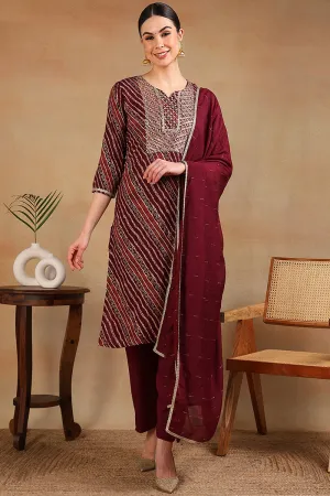 Maroon Rayon Leheriya Printed Embroidered Straight Suit Set