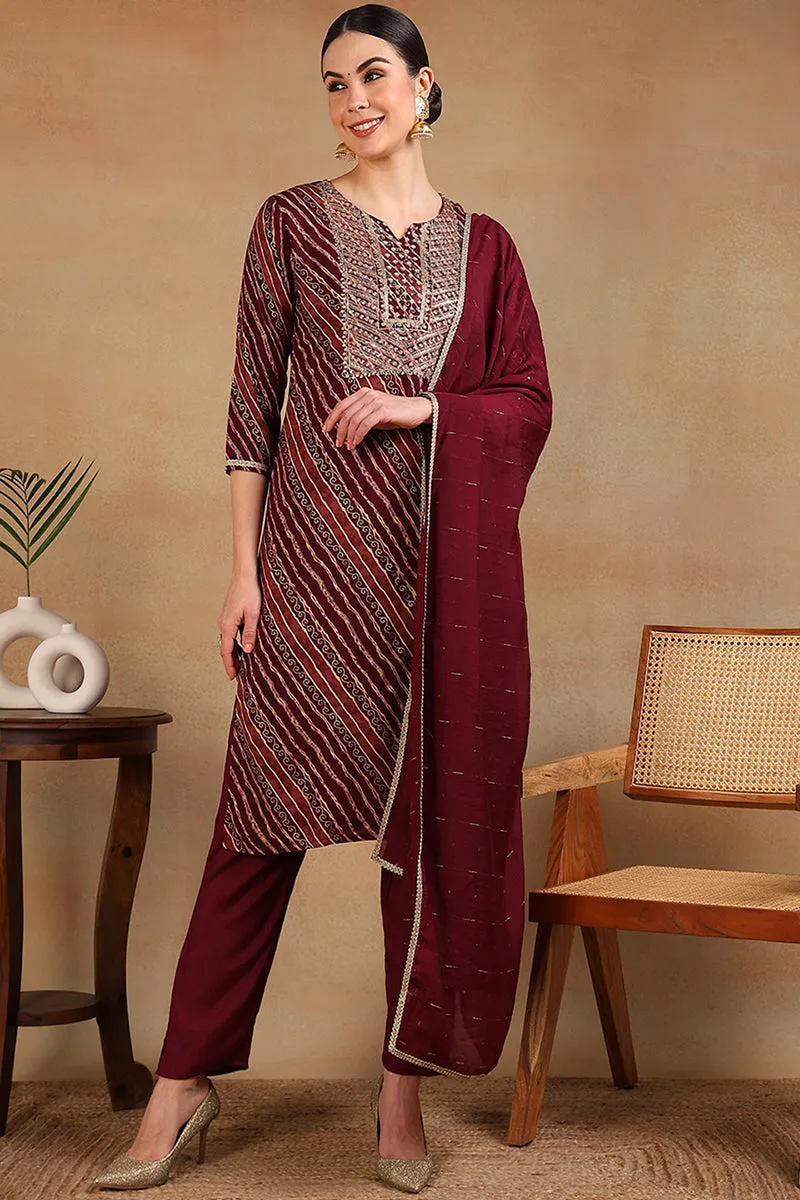 Maroon Rayon Leheriya Printed Embroidered Straight Suit Set