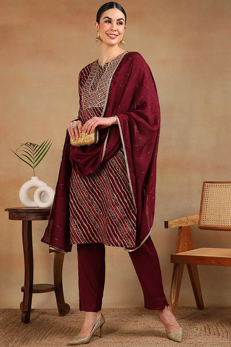 Maroon Rayon Leheriya Printed Embroidered Straight Suit Set