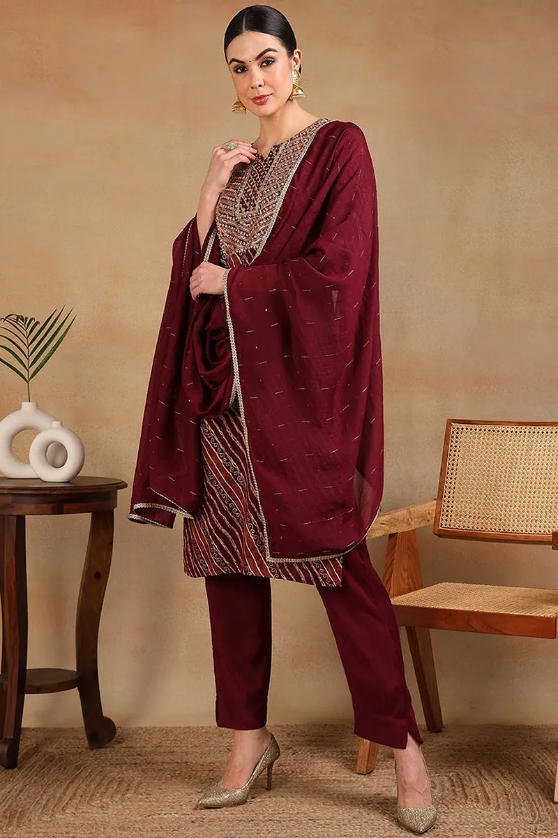 Maroon Rayon Leheriya Printed Embroidered Straight Suit Set