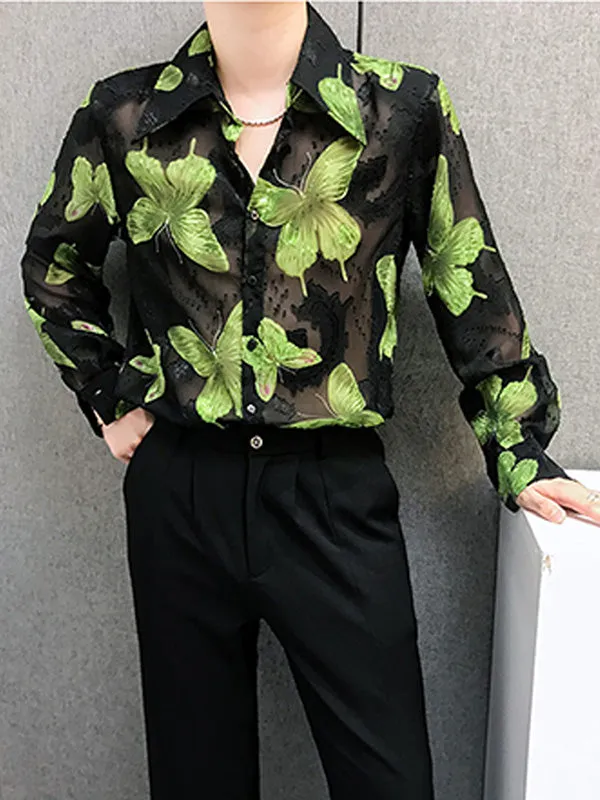Sheer Long Sleeve Butterfly Print Mens Shirt - SKU K68196
