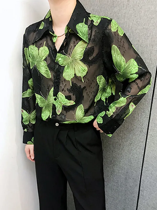 Sheer Long Sleeve Butterfly Print Mens Shirt - SKU K68196