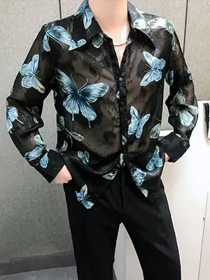Sheer Long Sleeve Butterfly Print Mens Shirt - SKU K68196