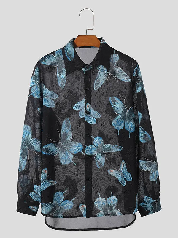 Sheer Long Sleeve Butterfly Print Mens Shirt - SKU K68196