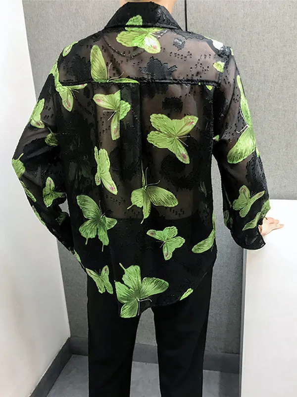 Sheer Long Sleeve Butterfly Print Mens Shirt - SKU K68196