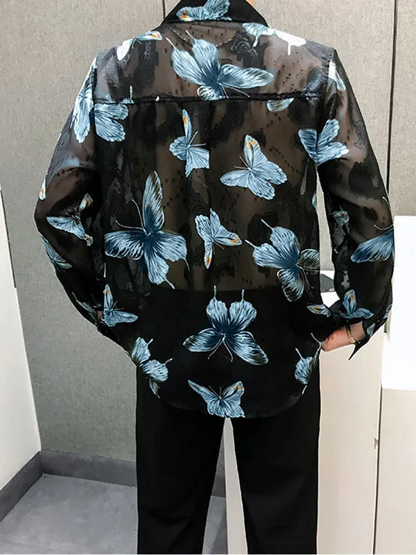 Sheer Long Sleeve Butterfly Print Mens Shirt - SKU K68196