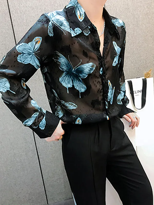 Sheer Long Sleeve Butterfly Print Mens Shirt - SKU K68196