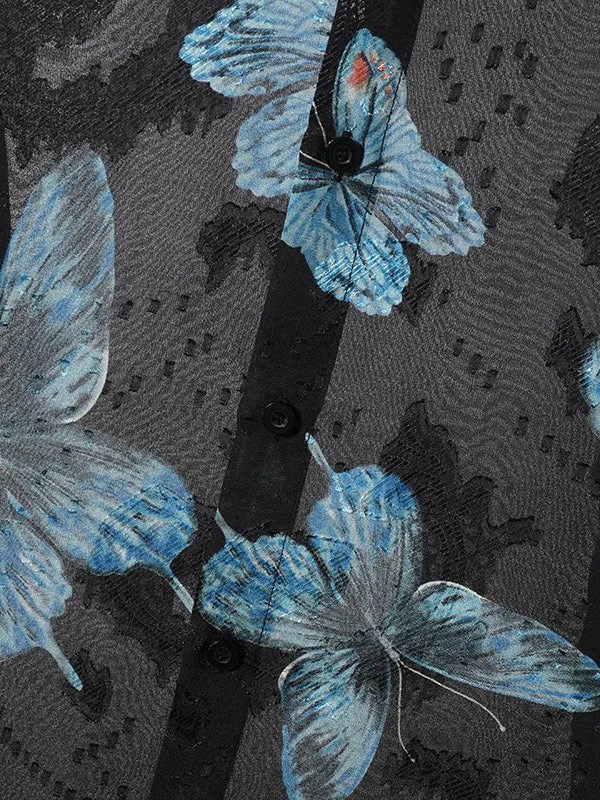 Sheer Long Sleeve Butterfly Print Mens Shirt - SKU K68196