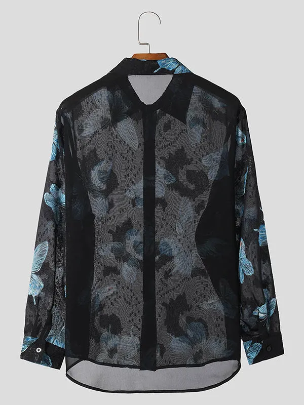Sheer Long Sleeve Butterfly Print Mens Shirt - SKU K68196